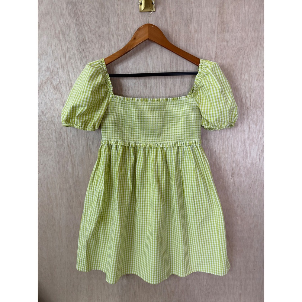 Sunday Best Green Gingham Smocked Puff Sleeve Mini Dress Medium